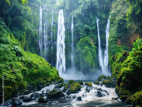 A majestic waterfall cascading over rocks, surrounded by lush greenery and forested cliffs.