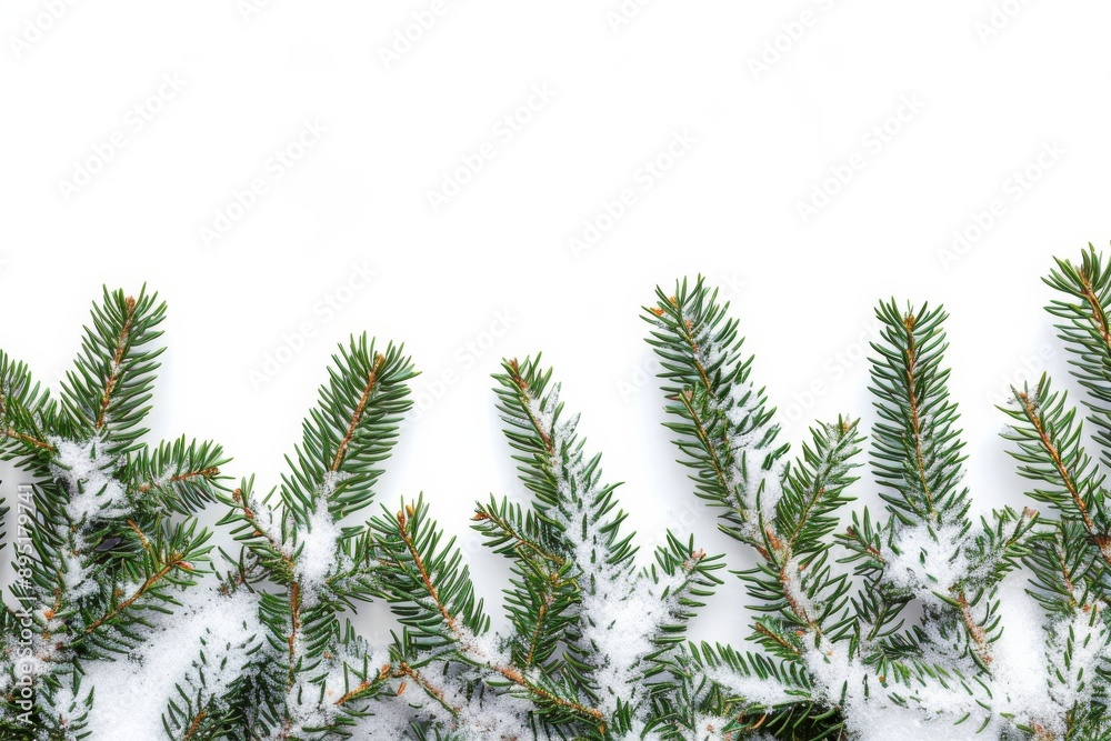 Winter pine branches, coated in snow against a white background, create a festive and serene atmosphere, perfect for the winter season and holiday decorations with a chilly ambiance Winter pine branches, coated in snow against a white background, create a festive and serene atmosphere, perfect for the winter season and holiday decorations with a chilly ambiance