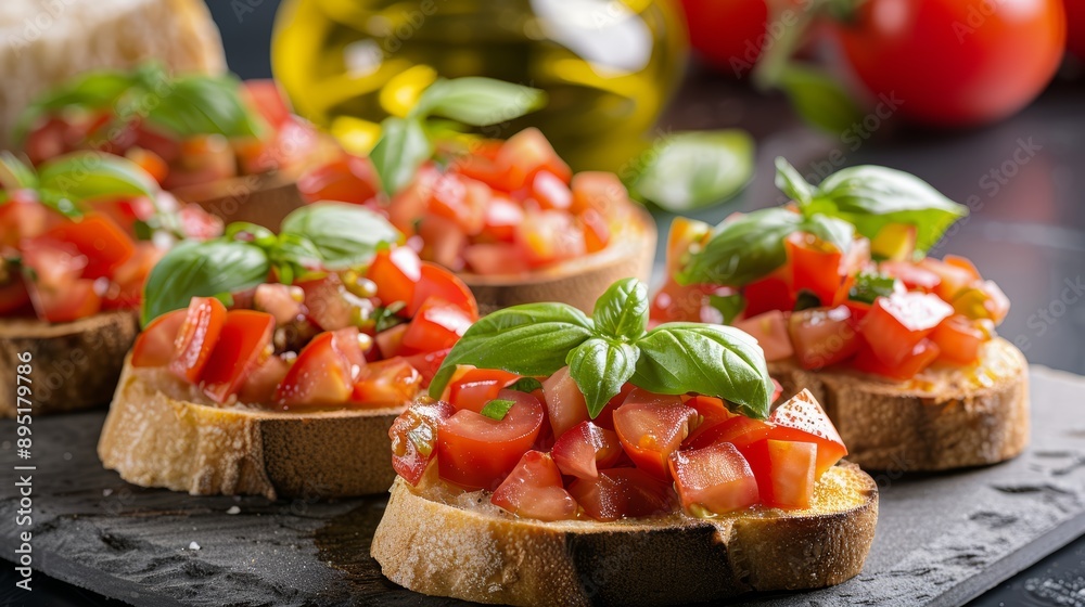 Delicious bruschetta topped with fresh tomatoes and basil on toasted bread, perfect for appetizers or Italian meals. Delicious bruschetta topped with fresh tomatoes and basil on toasted bread, perfect for appetizers or Italian meals.
