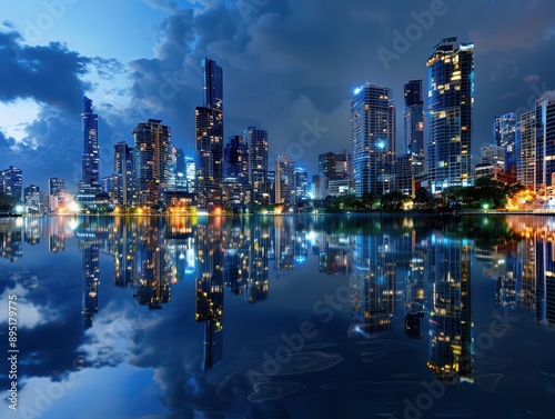 A panoramic view of a city skyline at night, illuminated with colorful neon lights reflecting on a calm body of water.