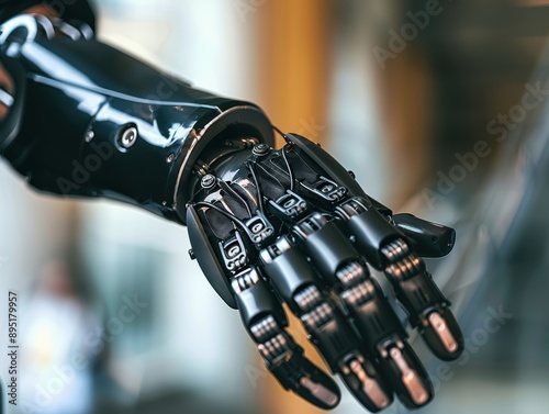 A person with a state-of-the-art bionic arm performing precise tasks, showcasing advanced robotics and prosthetics technology. photo