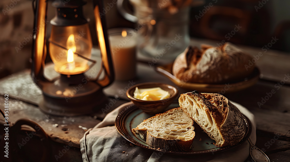 Rustic Iron Light Fixture Homemade Bread Butter Cozy Home Decor ,empty space Rustic Iron Light Fixture Homemade Bread Butter Cozy Home Decor ,empty space