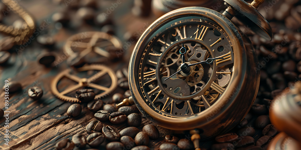 Obraz premium Steampunk Wall Clock Brass Accents Classic Coffee Beans Vintage Decor ,empty space