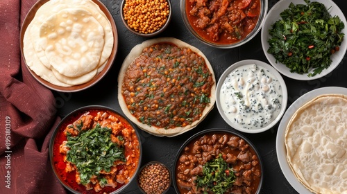 A vibrant selection of traditional dishes featuring lentils, breads, and rich curries, perfect for food lovers and culinary enthusiasts.