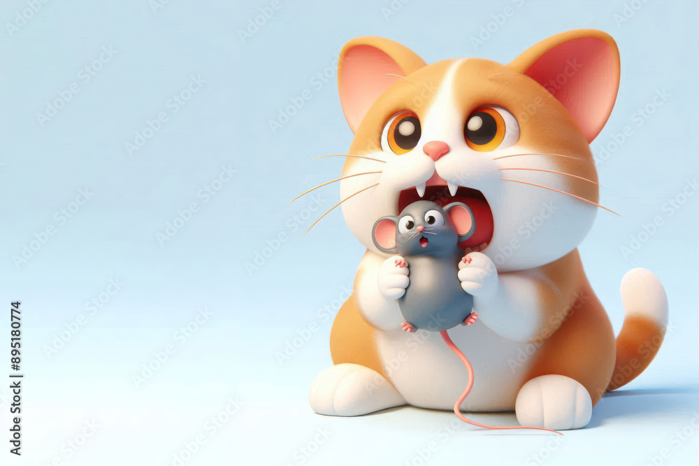 A cat trying to eat a mouse. Space for text. A cat trying to eat a mouse. Space for text.