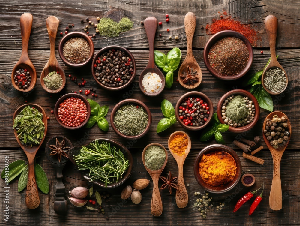 A top view of various spices and herbs arranged in a rustic style on a wooden table, showcasing vibrant colors and textures. A top view of various spices and herbs arranged in a rustic style on a wooden table, showcasing vibrant colors and textures.