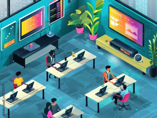 A virtual classroom setup with students on a video call, working collaboratively on laptops in a modern, digitally connected environment. photo
