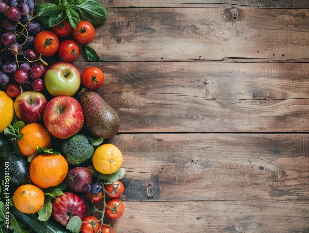 An arrangement of organic fruits and vegetables on a rustic wooden table, showcasing fresh and healthy produce. An arrangement of organic fruits and vegetables on a rustic wooden table, showcasing fresh and healthy produce.