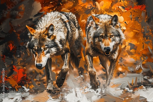 Bright and Colorful Prowling Wolves Palette Knife Painting Generative Illustration