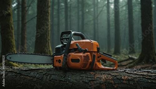 Wallpaper Mural An orange chainsaw rests on a fallen tree in a misty forest. Torontodigital.ca