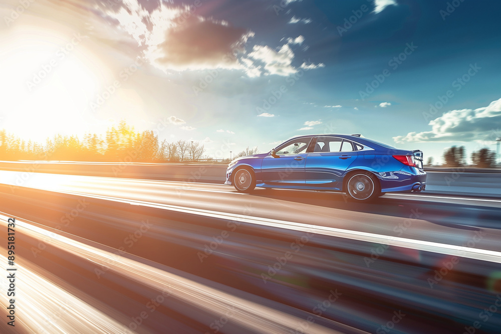 Dynamic Capture of a Blue Sedan Speeding on a Highway with Blurred Motion, Sunlit Trees and Cloudy Sky in the Background Dynamic Capture of a Blue Sedan Speeding on a Highway with Blurred Motion, Sunlit Trees and Cloudy Sky in the Background