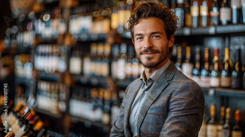 A well-dressed man in a suit and tie, smiling confidently while standing in a wine store, showcasing an array of wine bottles in the background, exuding sophistication.