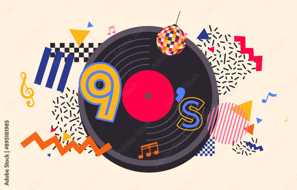 Fototapeta premium 90s Elements with Disco Ball and Vinyl record: Explore a vibrant geometric pattern with retro 90s elements, Vector, Illustration