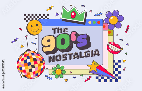 90s Elements with Disco Ball and Desktop Browser: Explore a vibrant geometric pattern with retro 90s elements including a disco ball, desktop browser, and playful stars, Vector, Illustration