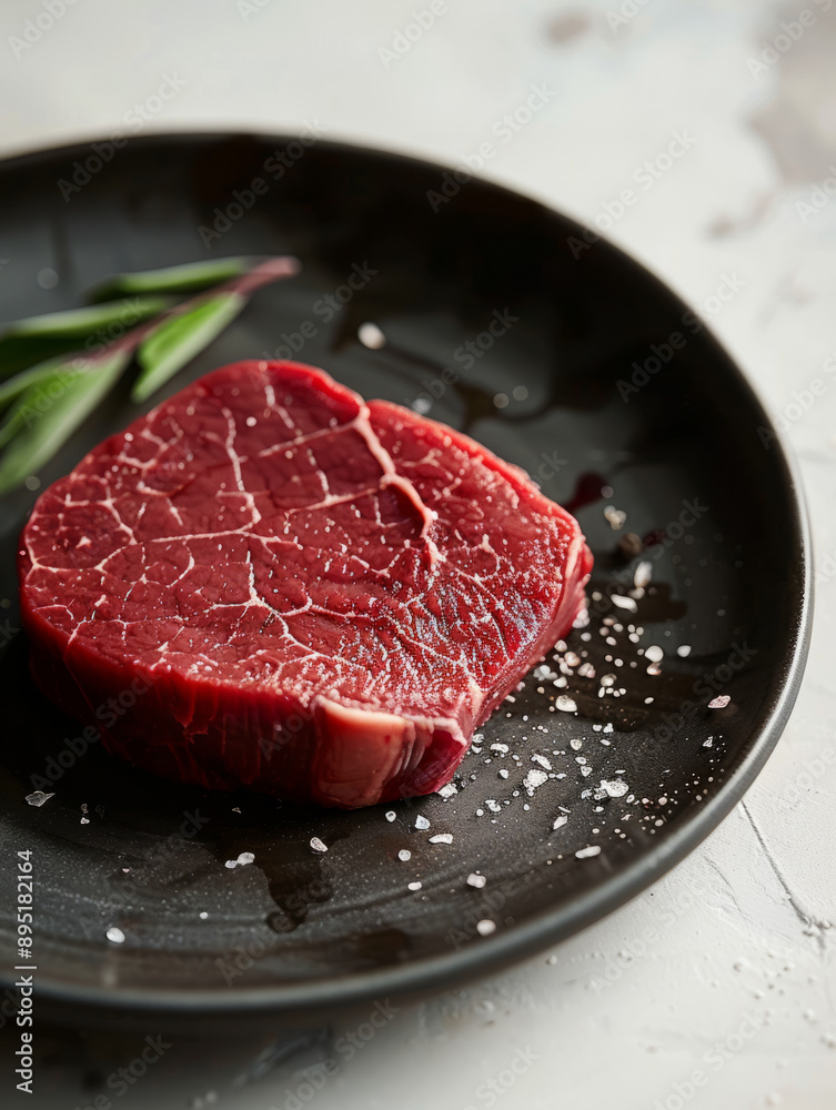 Raw beef steak on a black plate with seasoning. Raw beef steak on a black plate with seasoning.