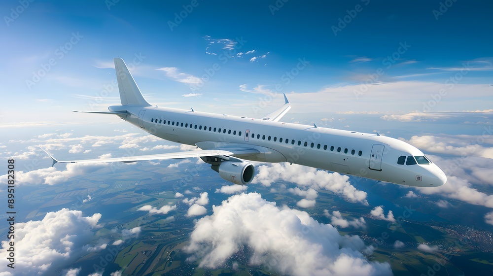 White passenger airplane flying in the blue sky above clouds. White passenger airplane flying in the blue sky above clouds.