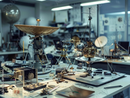 Model space probes and satellites in a clean high-tech laboratory. photo