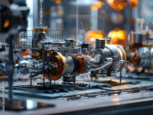 Model space probes and satellites in a clean high-tech laboratory. photo