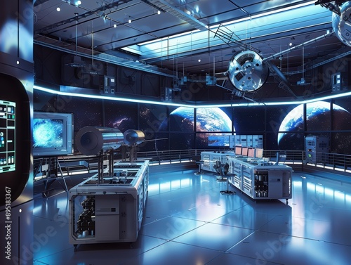 Model space probes and satellites in a clean high-tech laboratory. photo