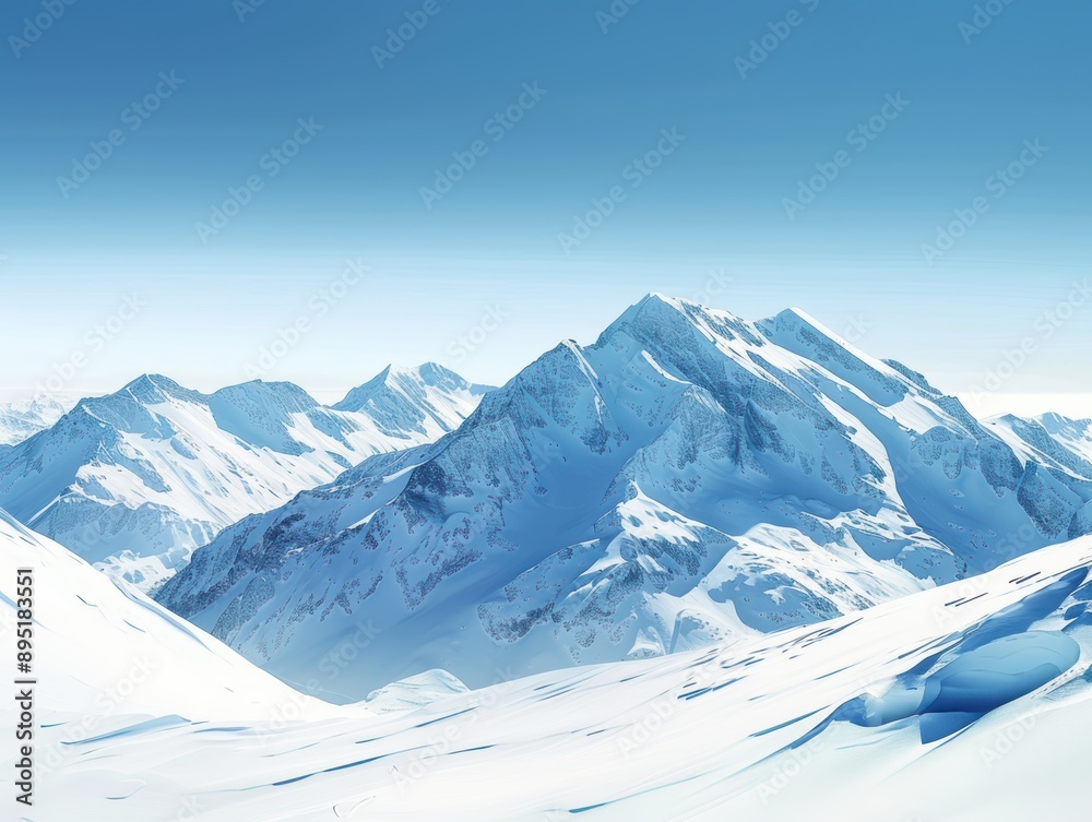 Fototapeta premium Snow-capped mountains under a clear blue sky, pristine and majestic.