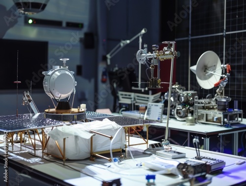 Model space probes and satellites in a clean high-tech laboratory. photo