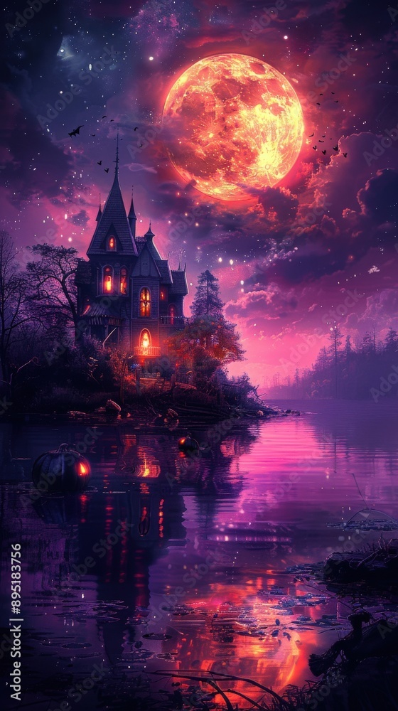 Double exposure art of a spooky haunted house silhouette combined with a vibrant pumpkin patch scene, set against a deep purple background. Double exposure art of a spooky haunted house silhouette combined with a vibrant pumpkin patch scene, set against a deep purple background.