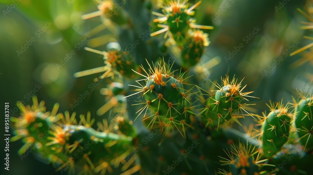 Detailed look at green cactus with tiny yellow spikes Detailed look at green cactus with tiny yellow spikes