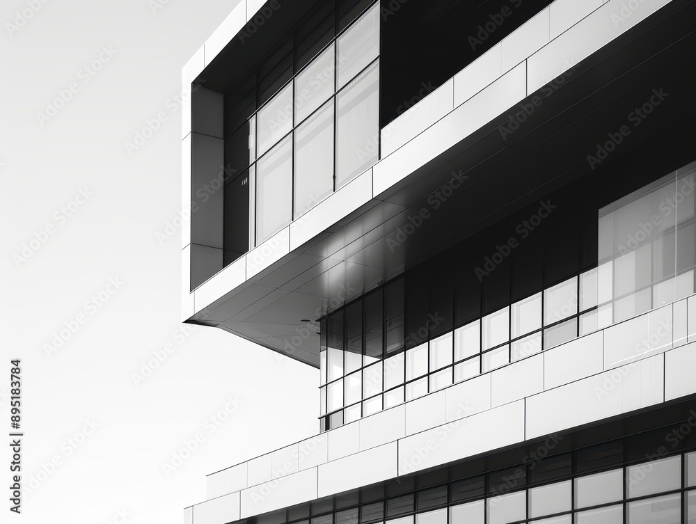 Fototapeta premium The sleek geometric facade of a modernist building with glass walls.