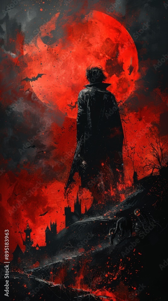 The figure of a vampire, his silhouette merged with a lively Halloween party scene, complete with costumes and decorations, set against a dark crimson background. The figure of a vampire, his silhouette merged with a lively Halloween party scene, complete with costumes and decorations, set against a dark crimson background.