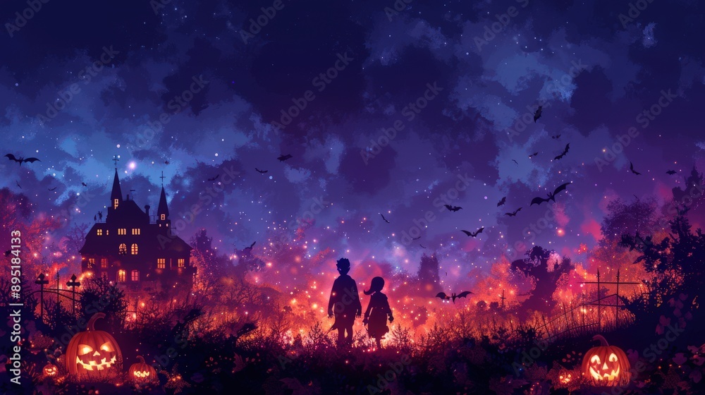 Silhouette of a haunted mansion blended with a lively scene of trick-or-treaters and jack-o'-lanterns, all against a dark purple backdrop. Silhouette of a haunted mansion blended with a lively scene of trick-or-treaters and jack-o'-lanterns, all against a dark purple backdrop.