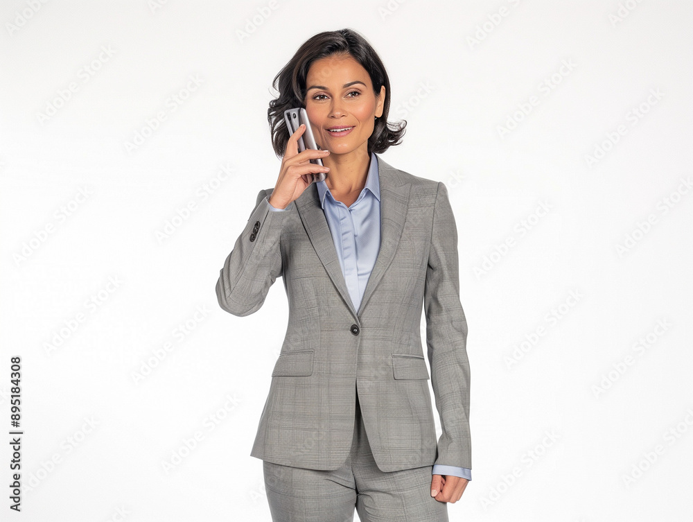 Femme de 40 ou 50 ans, en costume gris, cheveux bruns, regarde en souriant son smartphone, fond blanc, personnage pour publicité, site web, démo d'application ou de logiciel, tech et IT B2B Femme de 40 ou 50 ans, en costume gris, cheveux bruns, regarde en souriant son smartphone, fond blanc, personnage pour publicité, site web, démo d'application ou de logiciel, tech et IT B2B
