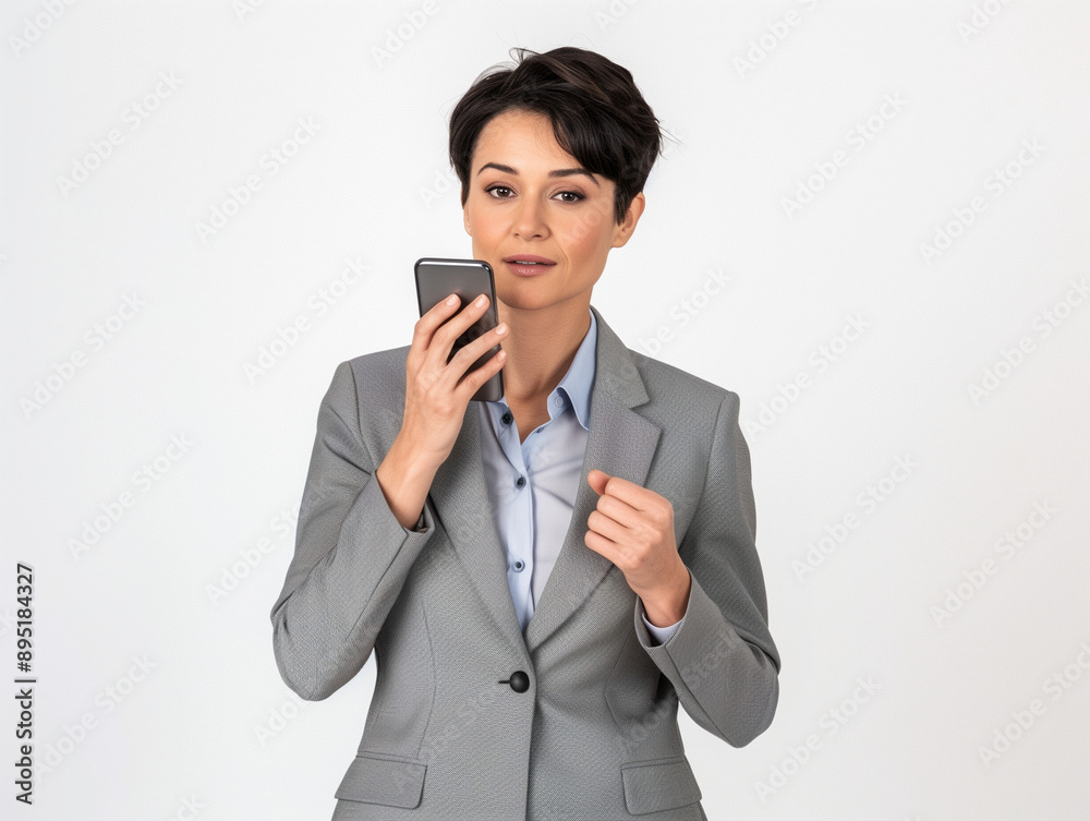 Femme de 30 ans, en costume gris, cheveux courts, regarde en souriant son smartphone, fond blanc, personnage pour publicité, site web, démo d'application ou de logiciel, tech et IT B2B Femme de 30 ans, en costume gris, cheveux courts, regarde en souriant son smartphone, fond blanc, personnage pour publicité, site web, démo d'application ou de logiciel, tech et IT B2B