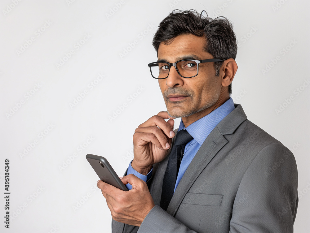 Homme de 50 ou 40 ans, en costume gris cravate, barbe, lunettes, regarde en souriant son smartphone, fond blanc, personnage pour publicité, site web, démo d'application ou de logiciel, tech et IT B2B Homme de 50 ou 40 ans, en costume gris cravate, barbe, lunettes, regarde en souriant son smartphone, fond blanc, personnage pour publicité, site web, démo d'application ou de logiciel, tech et IT B2B