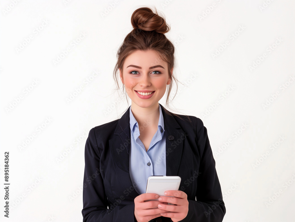 Femme de 30 ans, en costume noir, chignon brun regarde en souriant son smartphone, fond blanc, personnage pour publicité, site web, démo d'application ou de logiciel, tech et IT B2B
