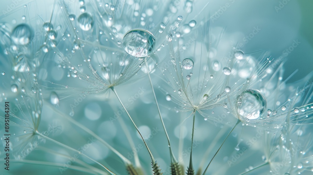 Naklejka premium Macro photography Dew drops on dandelion seed with soft background and water drops on dandelion