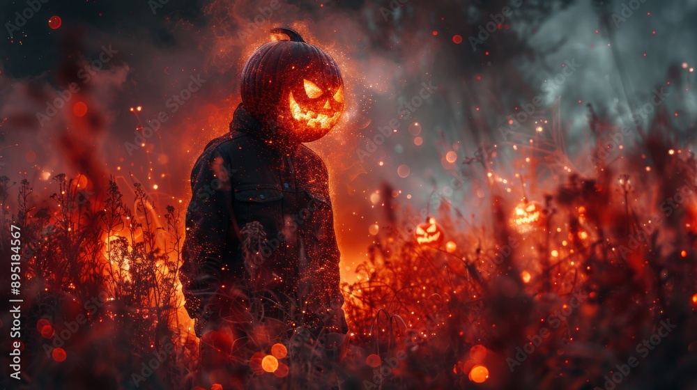 Double exposure of a pumpkin head silhouette combined with a spooky Halloween night scene, featuring glowing jack-o'-lanterns, set against a deep red backdrop. Double exposure of a pumpkin head silhouette combined with a spooky Halloween night scene, featuring glowing jack-o'-lanterns, set against a deep red backdrop.