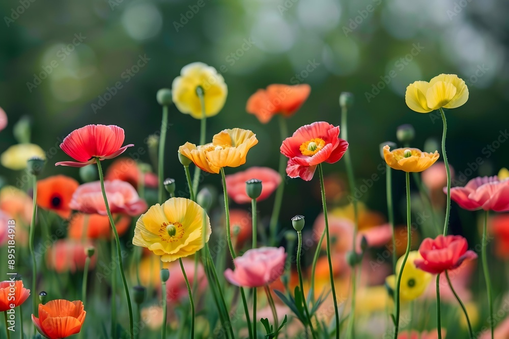 Naklejka premium Colorful Poppy Flowers Blooming in a Field