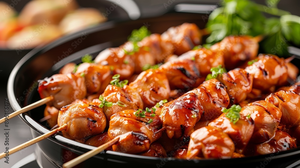 Delicious grilled skewers with a savory glaze, garnished with fresh herbs, perfect for a barbecue or gourmet meal. Delicious grilled skewers with a savory glaze, garnished with fresh herbs, perfect for a barbecue or gourmet meal.