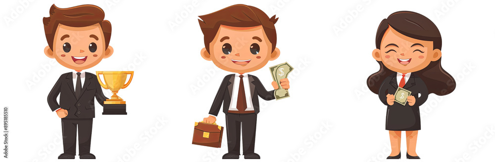 Obraz premium Diverse Business Cartoons: Man with Cash Briefcase, Woman with Success Trophy, Man with Dollar Sign Flat Style Characters