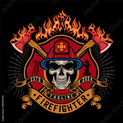 firefighter logo. skull element wearing helmet on head, crossed axes, burning fire, firefighter vector design