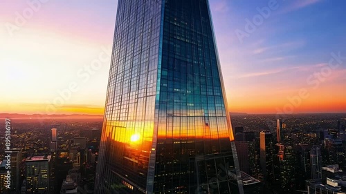 Modern Skyscraper Reflecting Sunset in Urban Skyline - city, architecture, tall, glass, building, reflection, sunset, sky
