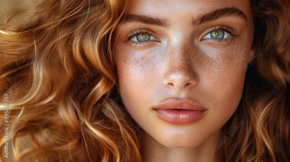 Close-Up Portrait of Young Woman with Freckles and Long Wavy Healthy Hair in Natural Light, Beauty Concept, Clear Skin, Youthful Appearance, Summer Mood Close-Up Portrait of Young Woman with Freckles and Long Wavy Healthy Hair in Natural Light, Beauty Concept, Clear Skin, Youthful Appearance, Summer Mood