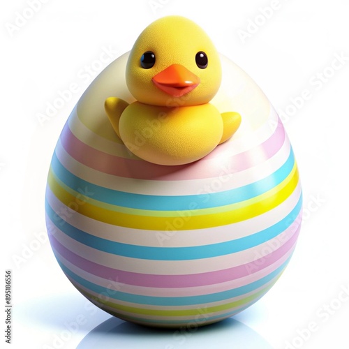 In this image, we see a small yellow duck sitting on a large Easter egg. The egg is white and decorated with colorful stripes. The duck looks happy and cheerful, with its eyes wide open. photo