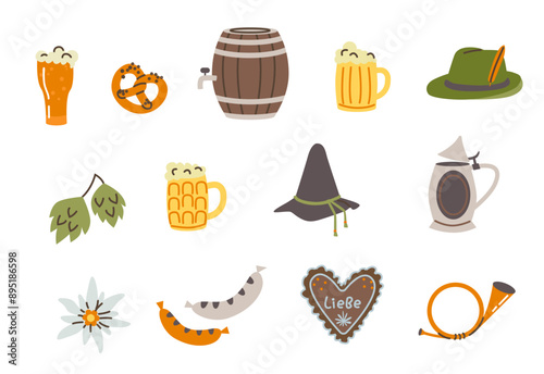 Set of Oktoberfest elements. Beer, sausages, pretzels, barrels, hops individually on a white background. Bavarian cultural elements.