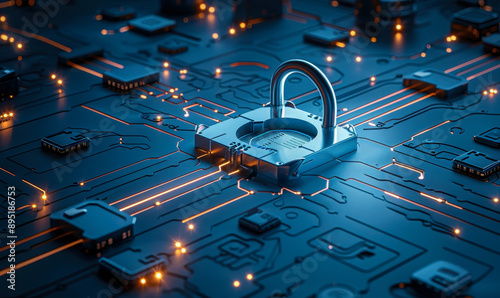 Futuristic Digital Security Concept: Locked Padlock on Circuit Board Representing Cybersecurity and Data Protection in Advanced Technology Development at Night