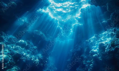 Ethereal Underwater Scene with Sunlight Rays Penetrating Ocean Depths and Vibrant Coral Reefs
