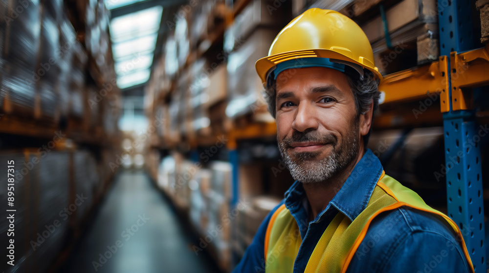 Portrait of middle age warehouse worker wearing hard hat and safety vest inside storage facility, copy space Portrait of middle age warehouse worker wearing hard hat and safety vest inside storage facility, copy space