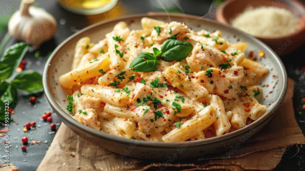 Chicken Alfredo penne, creamy pasta wich parmesan cheese in a white plate on a brown napkin. Directly above. Chicken Alfredo penne, creamy pasta wich parmesan cheese in a white plate on a brown napkin. Directly above.