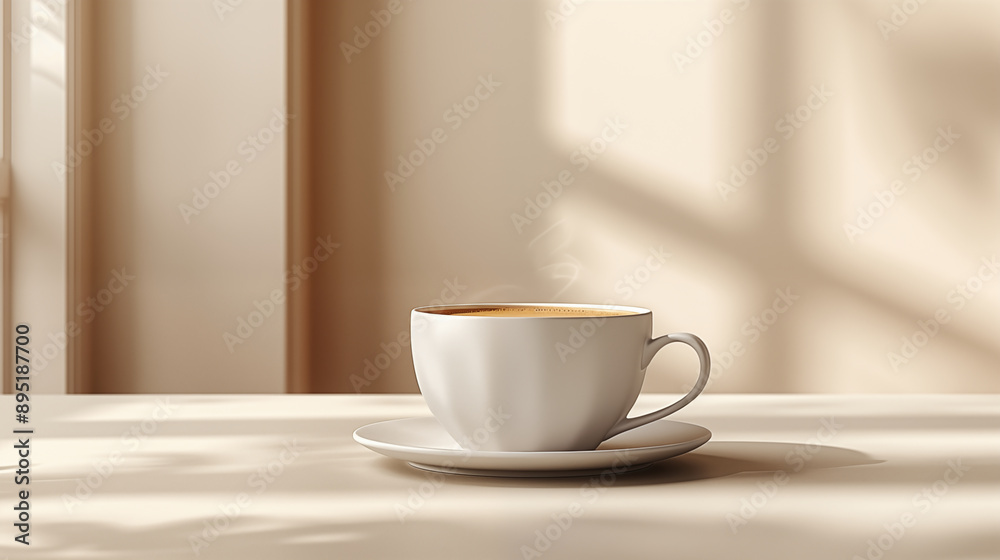 Steaming coffee cup on sunlit table casting long shadows, evoking serene morning atmosphere. Concept of tranquility, new beginnings, and mindful moments. Steaming coffee cup on sunlit table casting long shadows, evoking serene morning atmosphere. Concept of tranquility, new beginnings, and mindful moments.
