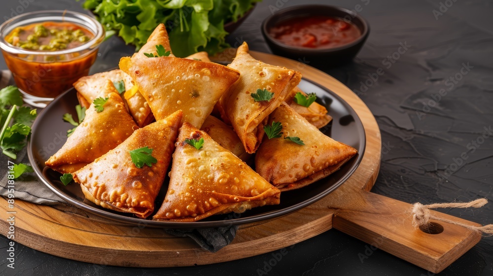 Delicious samosas served on a wooden platter with fresh herbs and dipping sauces, perfect for snacks or appetizers. Delicious samosas served on a wooden platter with fresh herbs and dipping sauces, perfect for snacks or appetizers.